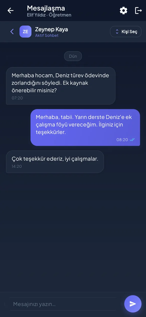 Veli ile mesajlaşma ekranı