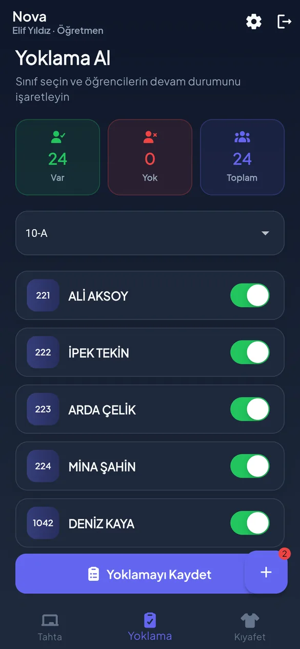 Nova Cep öğretmen yoklama ekranı